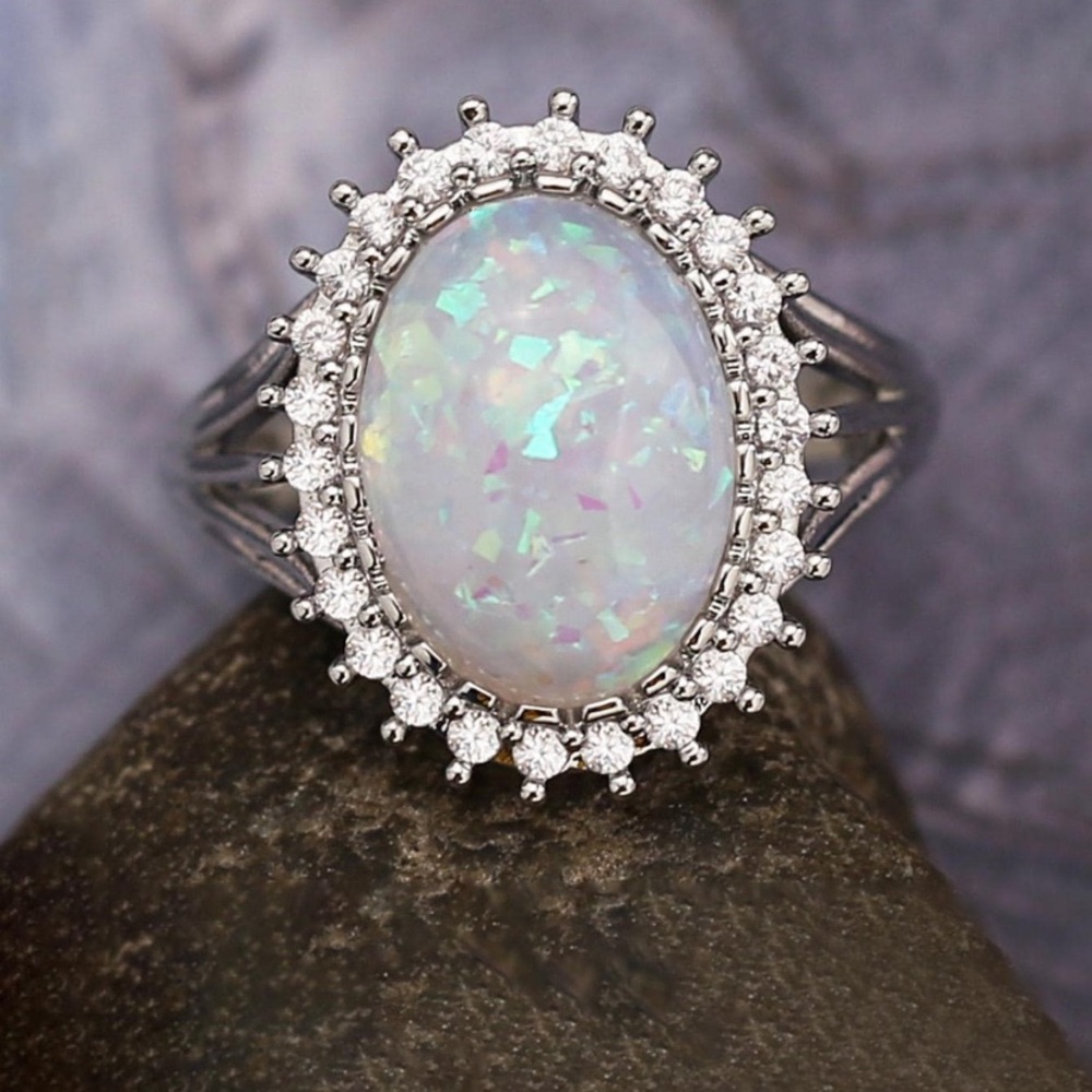 Stunning Oval Sunburst Simulated Opal and Diamond Halo Statement Ring - Picture 5 of 7